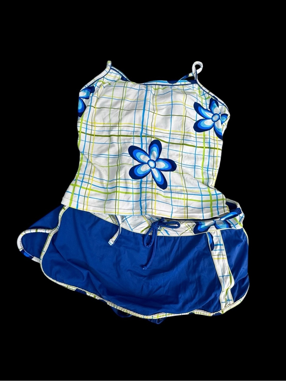 Blue Floral Plaid Women's Tankini with Skirt